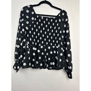 Ember Womens Sz M Smoked Sheer Long Sleeve Top Polka‎ Dots Ruffle Corporate Goth